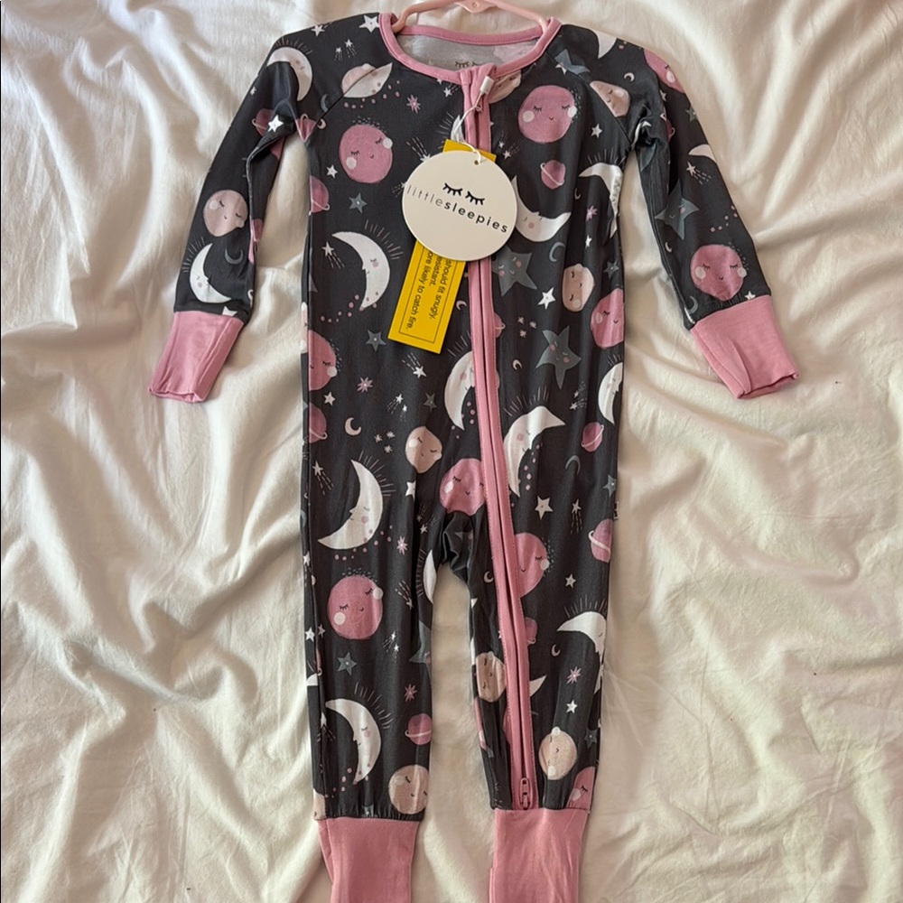 Little Sleepies Moon and Stars Footie in Pink and Black